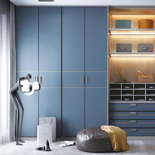 Blue Grey Bedroom Wardrobe Door Laminate Design Particleboard ENF Compliance
