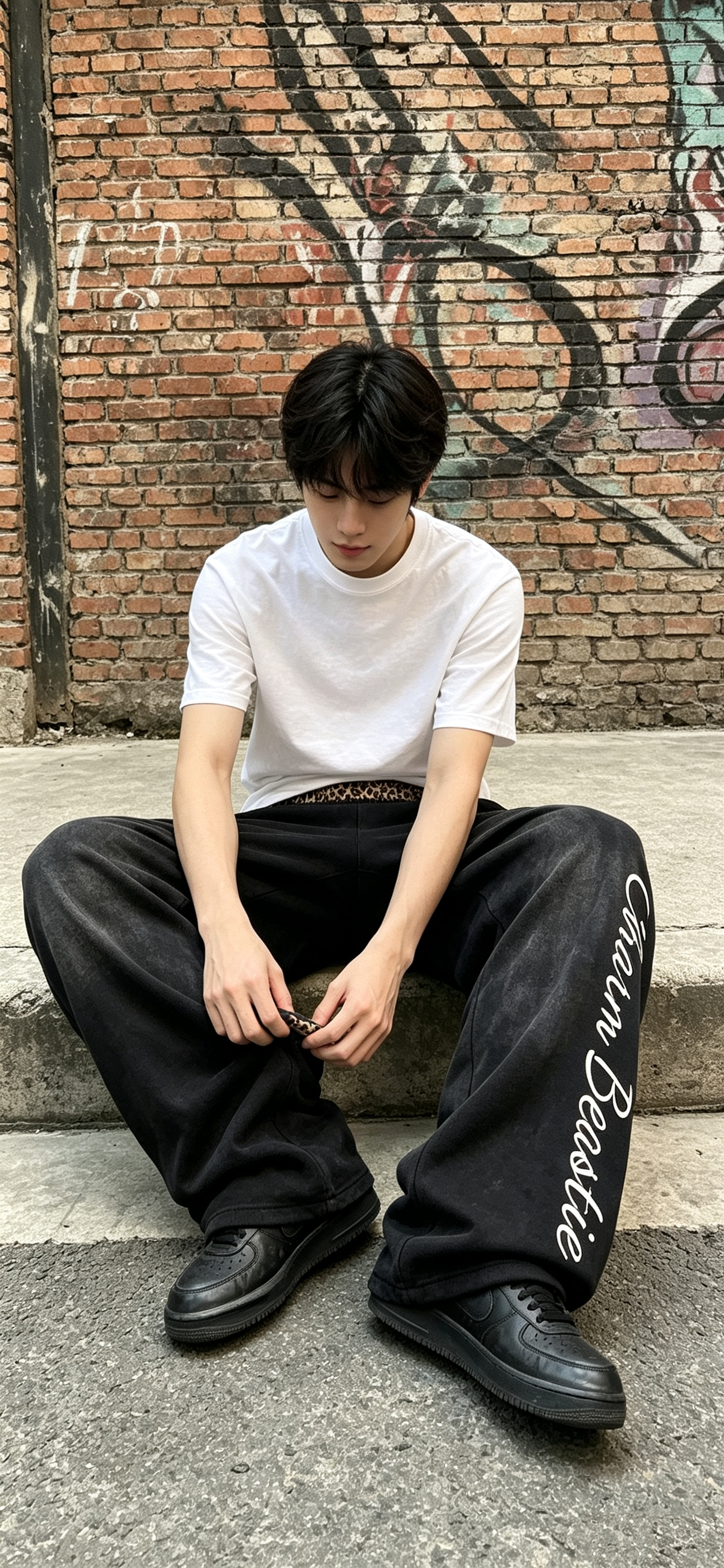 Faded Mens Wide Leg Pants Leopard Waist Terry Wide Leg Sweatpants Vertical Letter Embroidery