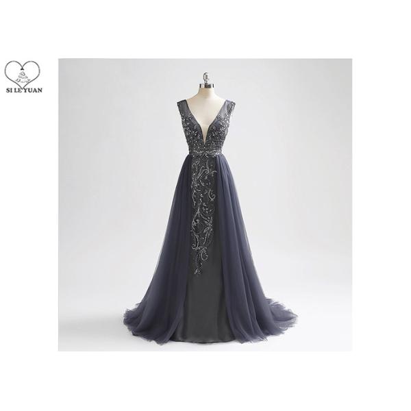 Long Tail A Line Ball Gown Navy Blue V Neck No Arm Backless Heavy Beading Tulle