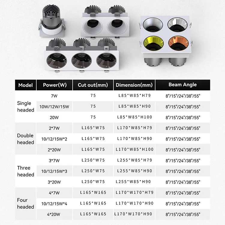 IP20 IP40 Office White Downlights, Square LED Down Light with Dali-2, Triac & 0-10V Multi Dimming Control, Factory Price Commercial Bathroom Spot Light