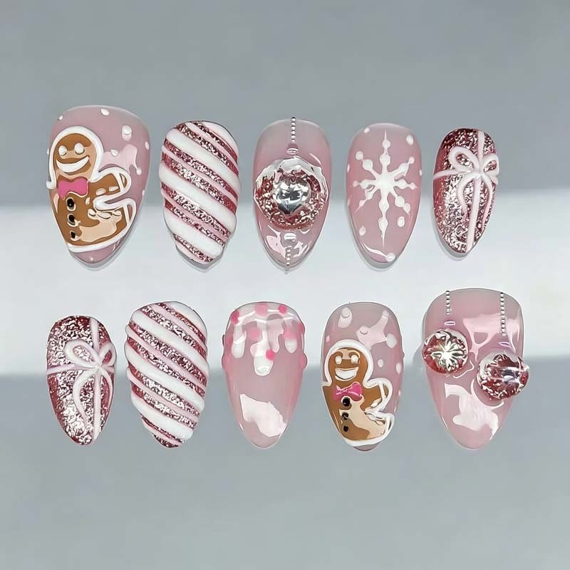Medium Almond Christmas Tree Holiday False Nails No Nail Salon Visit Needed