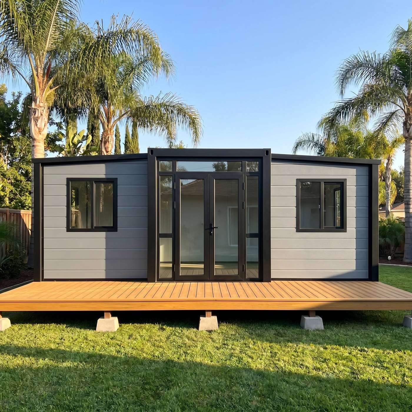 20ft Expandable Container House with Grey Cladding, Black Frame and Fitted Interior