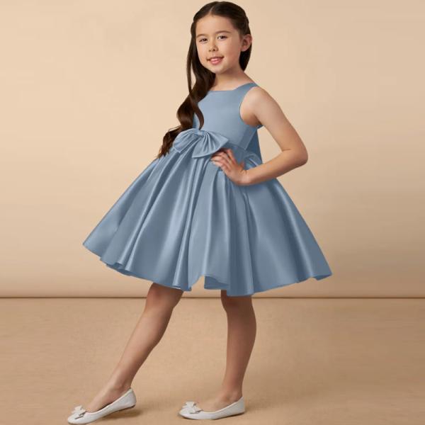 Wholesale Girl Kids Dress Blue Satin OEM ODM Baby Flower Girl Dresses Clothing Custom-made Size Knee-length Ruffles Ball