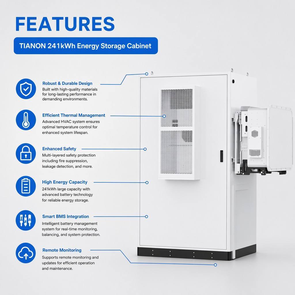 241kWh Industrial Commercial LiFePO4 ESS Cabinet Large Factory Peak Shaving Solar Backup Energy Storage System - Tianon