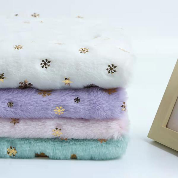 DDP Recycled Factory High Quality Bunny Hair Foil Gold Fabric Snowflake Pattern, Wholesale Polyester Fleece Fabric