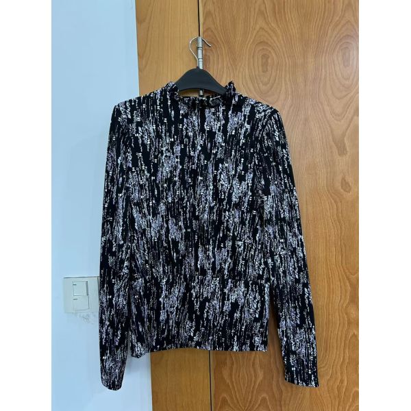 Black & White Abstract Print Ruffled High Neck Long Sleeve Top - Modern Artistic Style