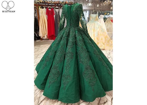 Luxury Heavy Beading Green Satin Prom Dress Perspective Long Sleeve Floor Length