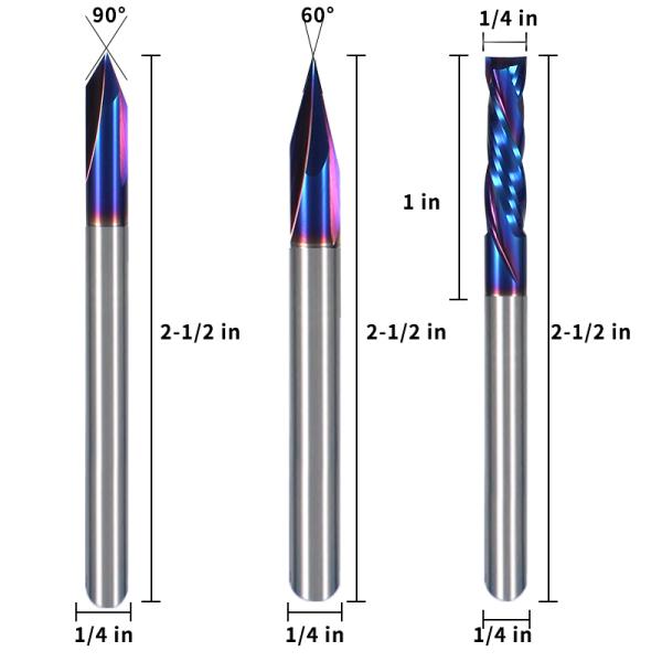 1/4*2-1/2  HRC65 2 Flute  Nano Blue Coating  CNC Router Bit Sets Solid Carbide Endmill for Wood Carving Bit Set
