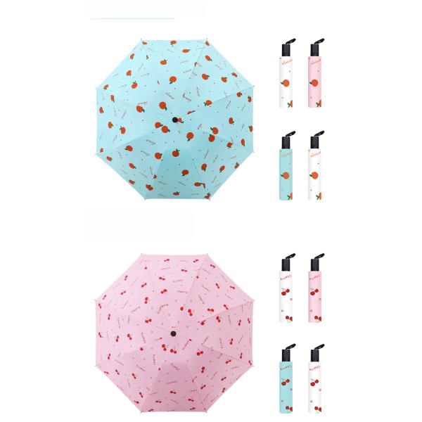 Ladies Three Fold Blue Umbrella with Strawberry Dot Pattern All-Season Manual Open