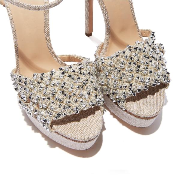 Janbal Nude 15cm Platform Heel Shoes Rhinestone Platform Heel Sandals