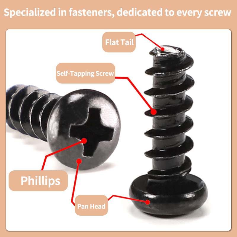 304 black zinc-plated bolts PB factory customized round head cross groove flat tail self-tapping screws toy screws m1/m2