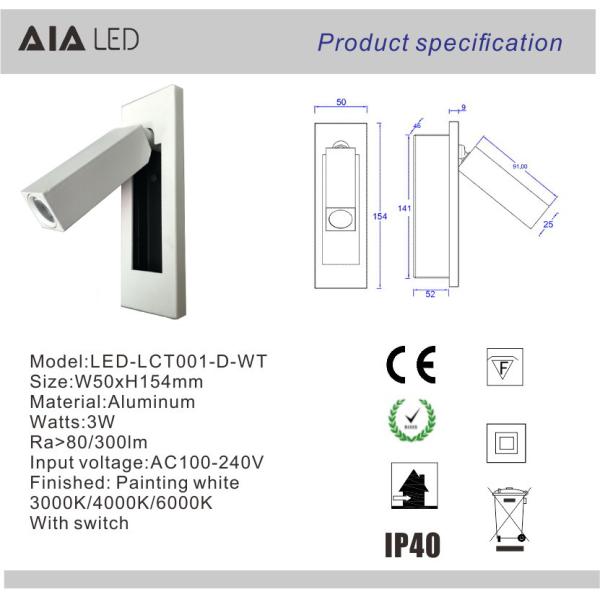 Rotating Recessed mounted bed sides light 3W led bed lighting reading light bed head wall lamp
