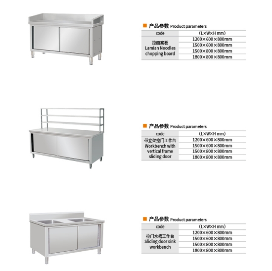 Customized Size Stainless Steel 201/304 Workbench with Sliding Door Design for Commercial Kitchen