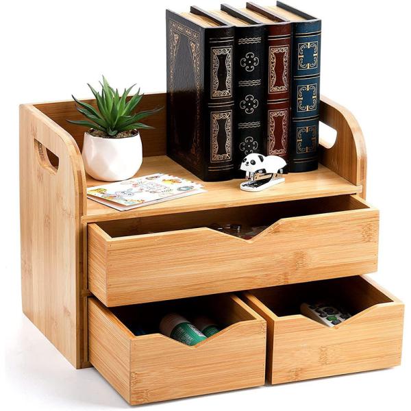 3-Tier Bamboo Desk Organizer, Mini Bamboo Desk Drawer Tabletop Storage Box Countertop Organization - Office, Makeup Vanity