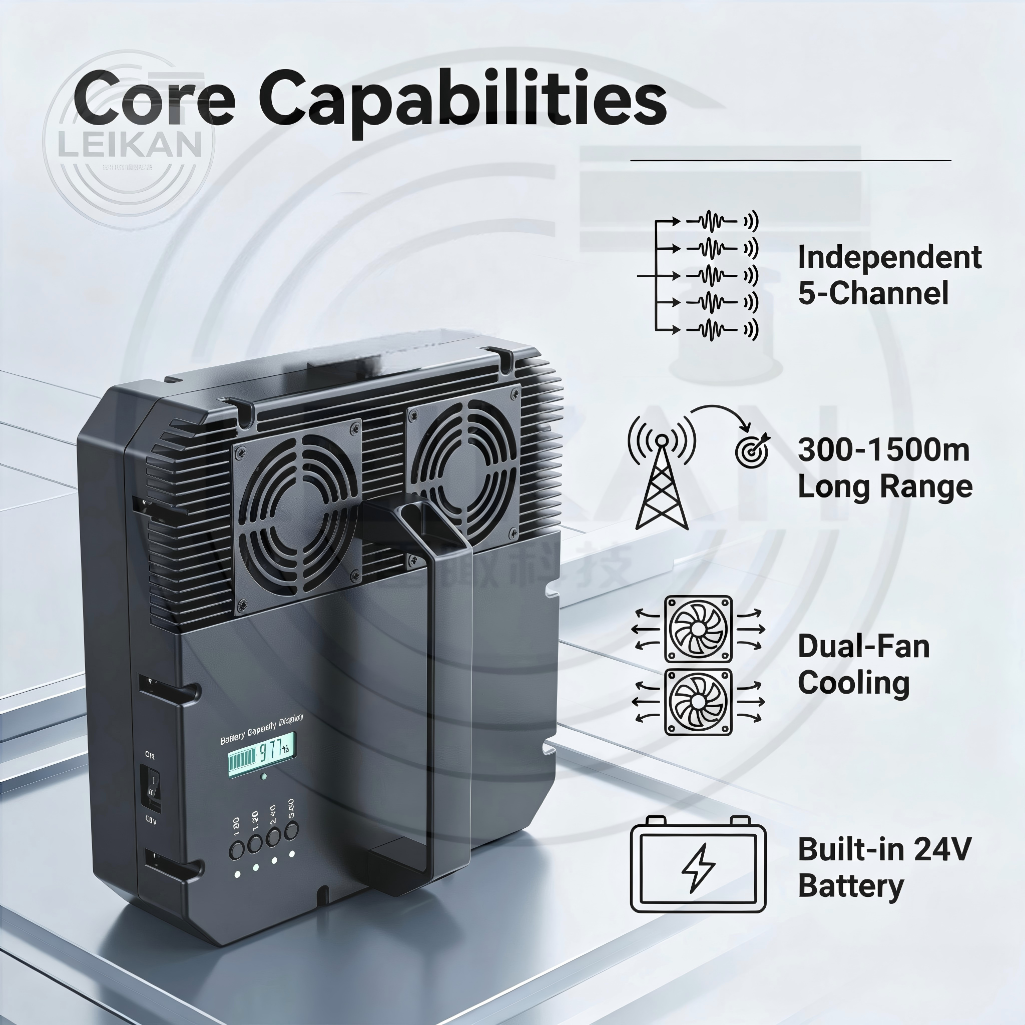 0.3-1.5km Handheld 5-Band Drone RF Device Portable Detector Aluminum Heat Sink Dual Fan Cooling 60-Minute Working Security