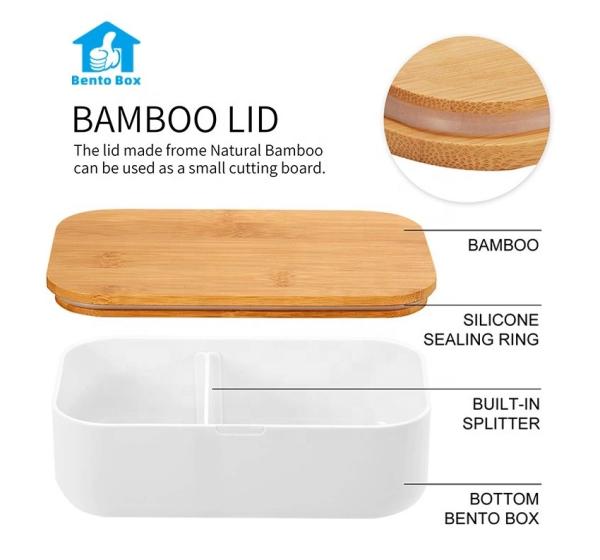 Boîte à lunch en plastique carré sans BPA écologique couvercle en bambou pour bureau 196*121*66 mm