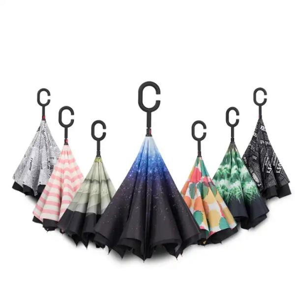 Custom Printed Windproof Inverted Reverse Umbrella with C Handle Advertising Umbrella