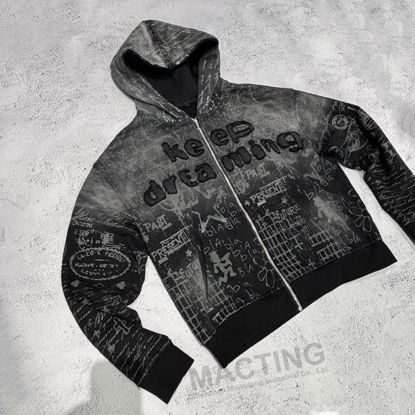 Impressão completa Vintage Distressed Aplique bordado Hoodie 800 gramas Peso do tecido