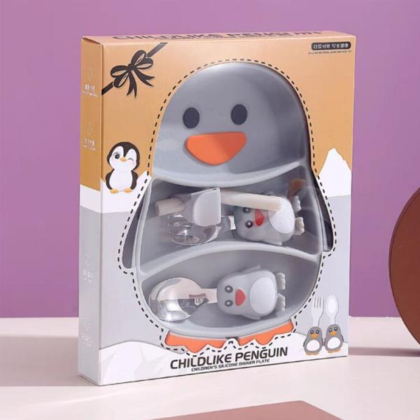 OEM Silicone Baby Feeding Set Penguin Shape Food Grade With Spoon