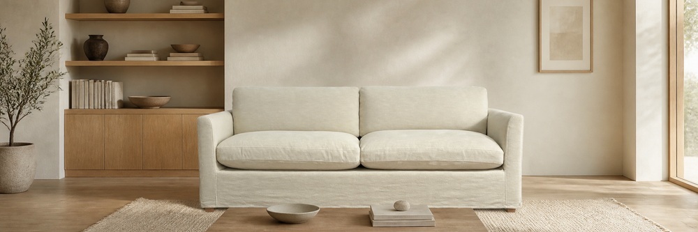 Organic Modern Deep 2-Seater Sofa in Ivory Linen-Look Fabric SF-009