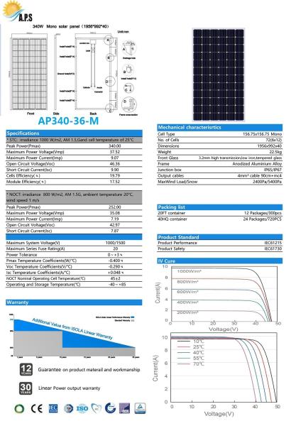 36V 72 Cell  Mono 325W,330W,340W,345W Monocrystalline Module Solar Photovoltaic Module Solar Power Panel Solar Kit