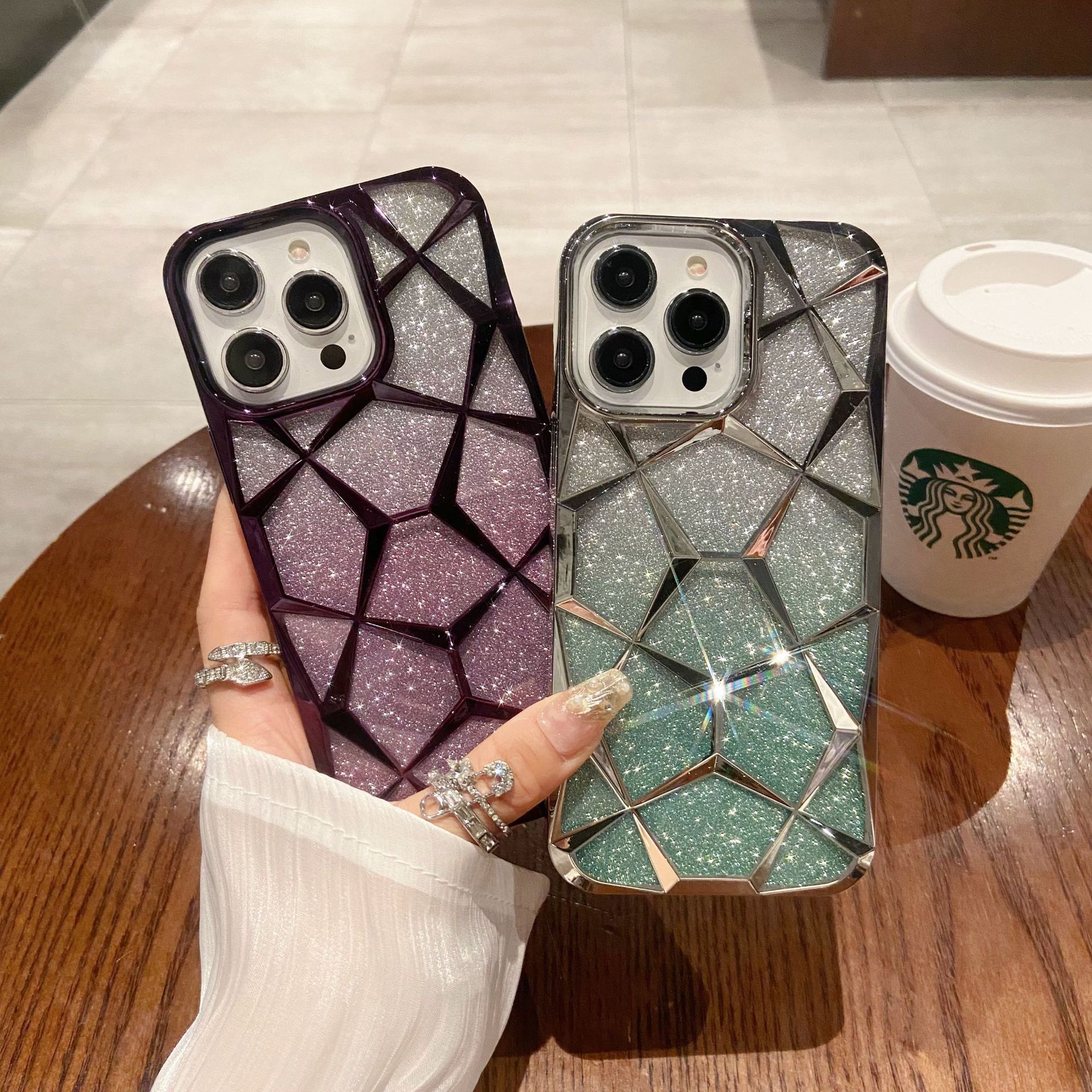 PC Premium Geometric Quilted Gradient Glitter Soft Waterproof Shockproof Mobile Phone Case for for 11 12 13 14 15 Pro Max