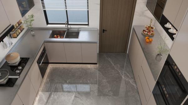 L-Shaped Beige Modern Stainless Steel Kitchen Cabinets With Glass Doors Design