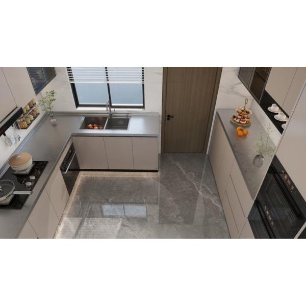 Armoires de cuisine en acier inoxydable modernes beige en forme de L avec conception de portes en verre