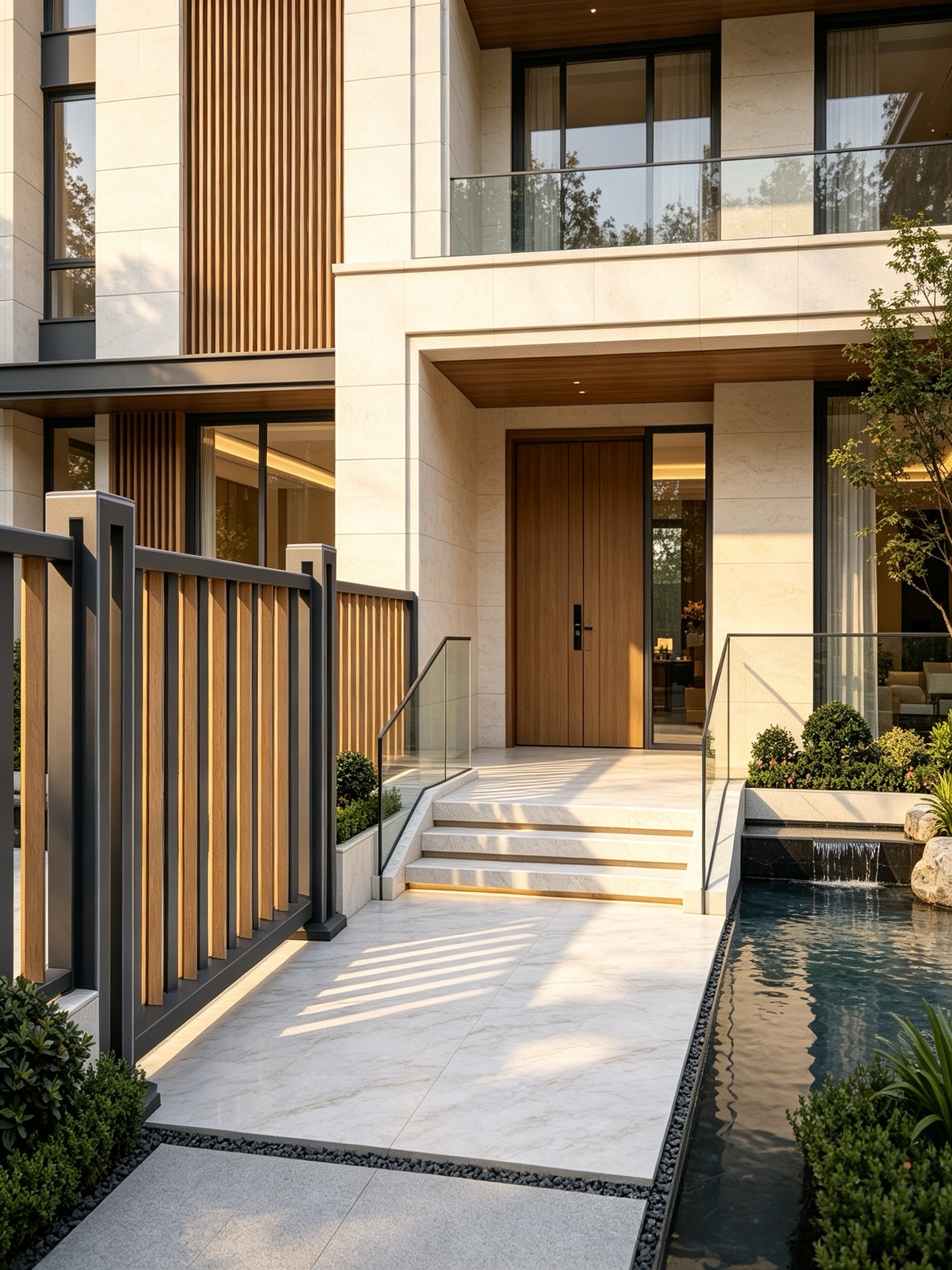 Custom Villa Aluminum Fence with Vertical Slat Wood Look and Matte Finish for Outdoor Backyard