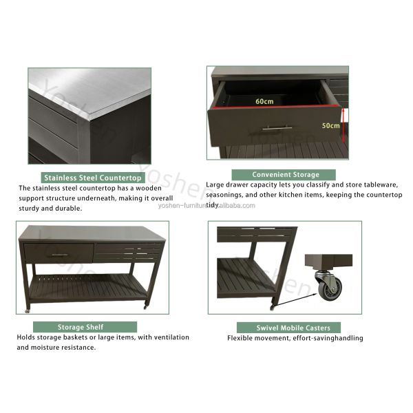 Hotel Heavy Duty Stainless Steel Kitchen Cart with Locking Wheels and Drawers for Poolside Grilling
