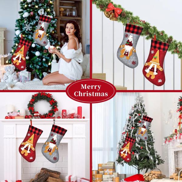 2 Pcs Christmas Stockings New Set, 3D Gnomes Soft Classic Red and Grey Fireplace Hanging for Holiday Xmas Party Decor