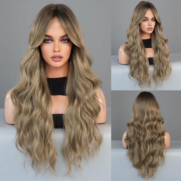 Fashion Long Body Wave Dark Root Hair  Brown/Blonde Synthetic Wigs For Women