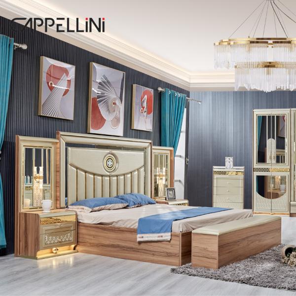 Luxury Gold Wood Double Leather King Size Bed Wooden Modern Home Full Bedroom Furniture Set
