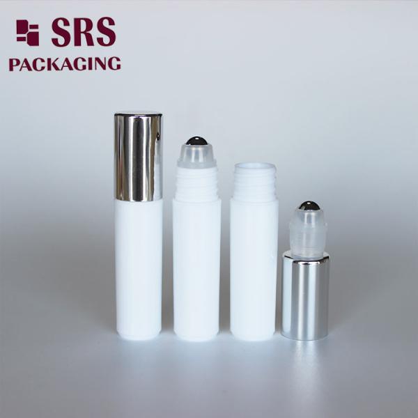 SRS empty cosmetic 5ml white plastic roller ball bottle with silver cap