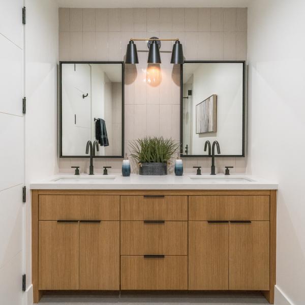 Solid  Wooden Bathroom Vanity Units Brown Wood Texture