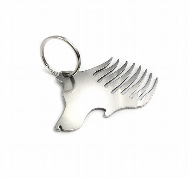 Custom cool innovative men gift, engrave logo stainless steel animal wolf head keychain beard comb bottle opener