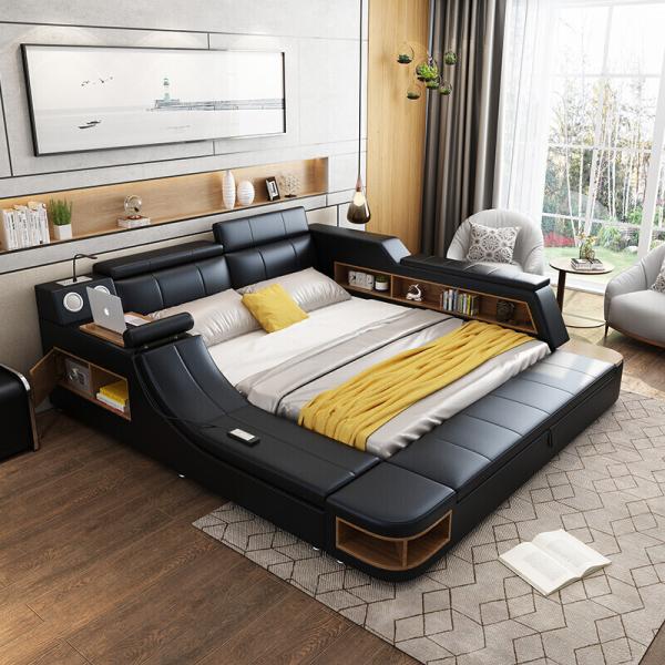 Multifunction Leather Bed Frame Queen Size Low Profile