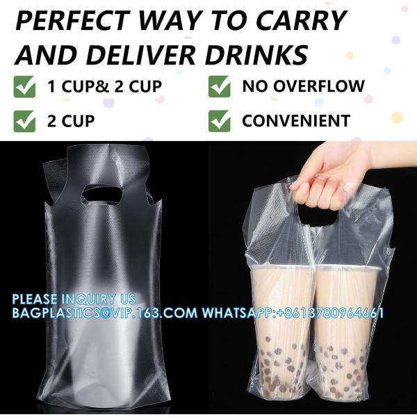 Drinking Handle Bags Cup Carrier With Handle Clear Plastic Packaging Bags For Delivery Hanging Hole Drink Bags