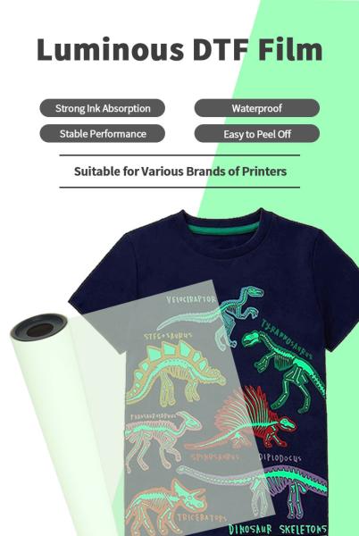 Película de transferência de calor luminosa noctilucente de luz verde Película DTF PET brilhante no escuro para camisetas Impressão especial de logotipo