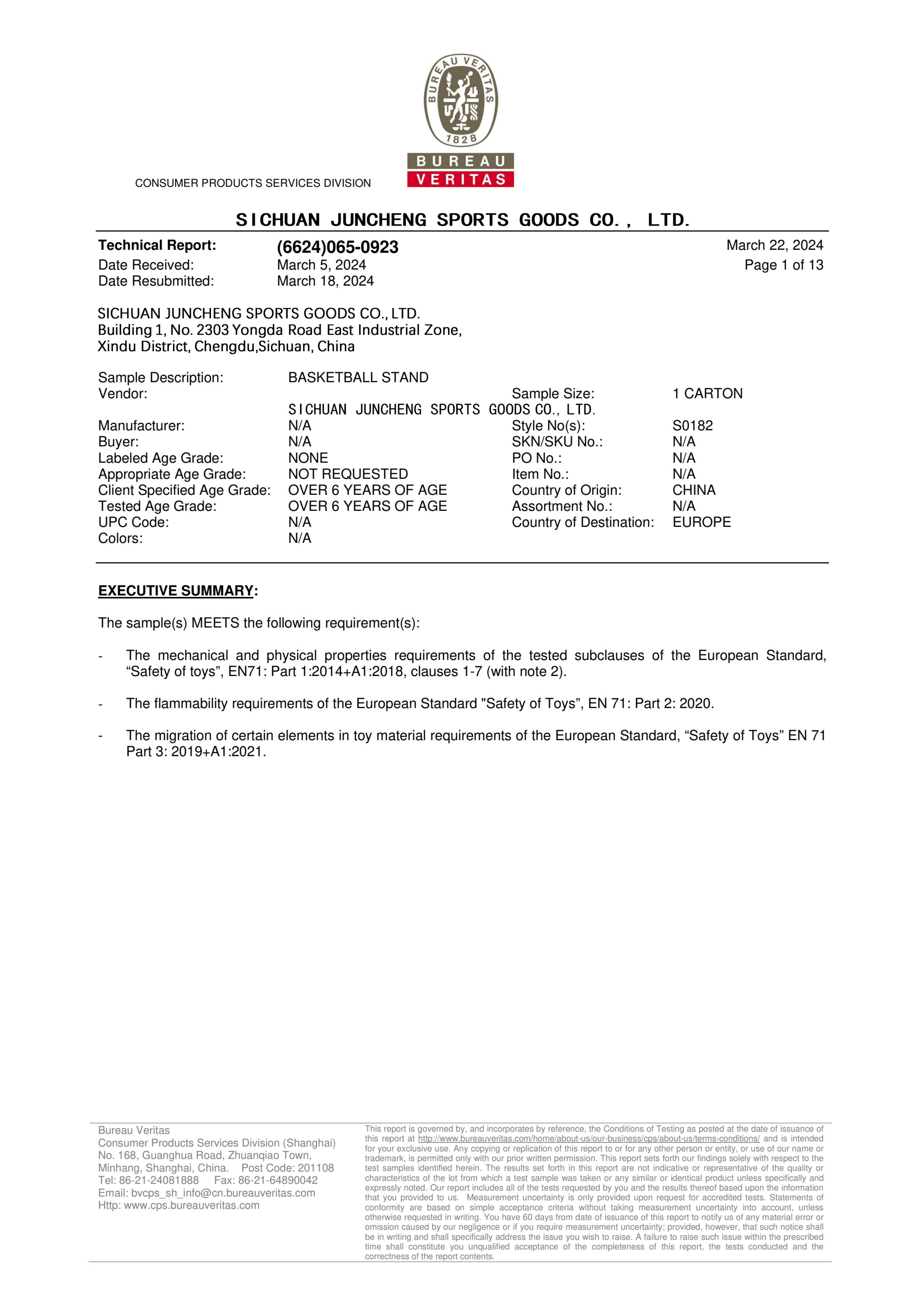 Sichuan Juncheng Sports Goods Co., Ltd. Certifications