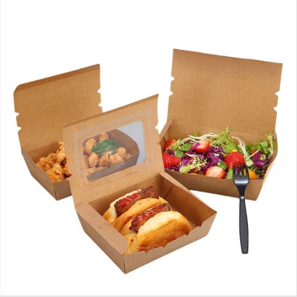 Boîte d'emballage alimentaire personnalisée à rabat pour plats à emporter, restauration rapide, déjeuner, boîte en papier kraft avec fenêtre