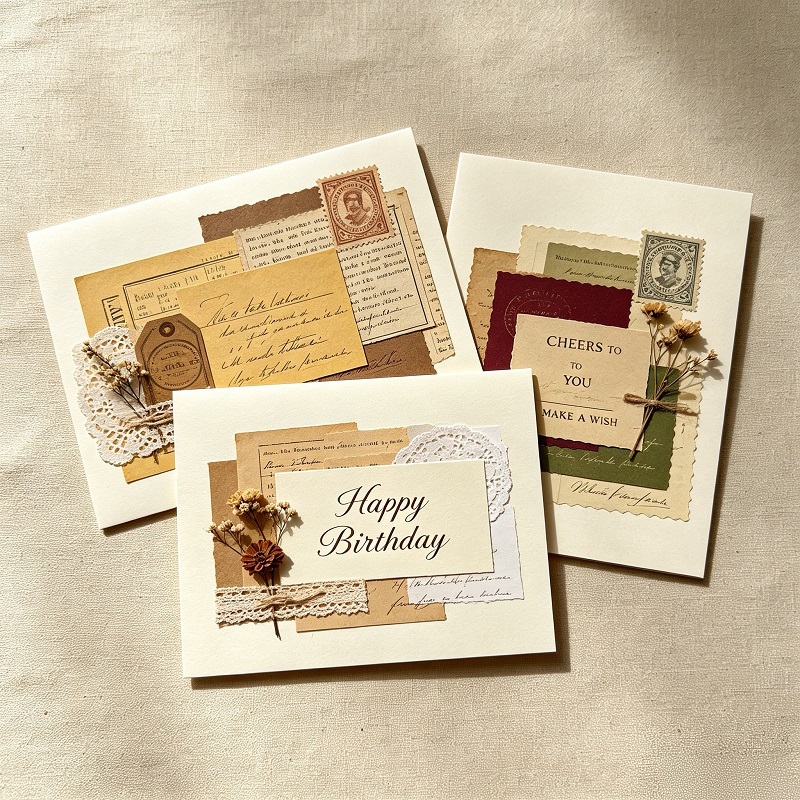 Vintage ephemera collage style milestone birthday cards with layered elements
