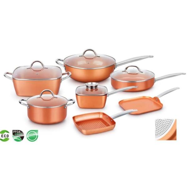Eco-freindly Aluminum 7pcs Forged-die casting copper ceramic coating cookware set with firm stainless steel