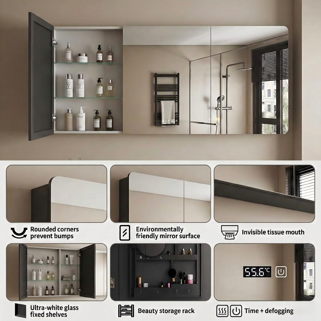 Kingstin Modern Aluminum Bathroom Mirror Cabinet LED Backlit Smart Vanity Mirror With Cosmetic Storage Rack