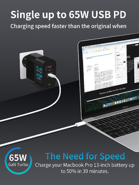 Мультипорт USB C PD Type C Mini GaN Wall Charger Adapter 65W Для ноутбука MacBook