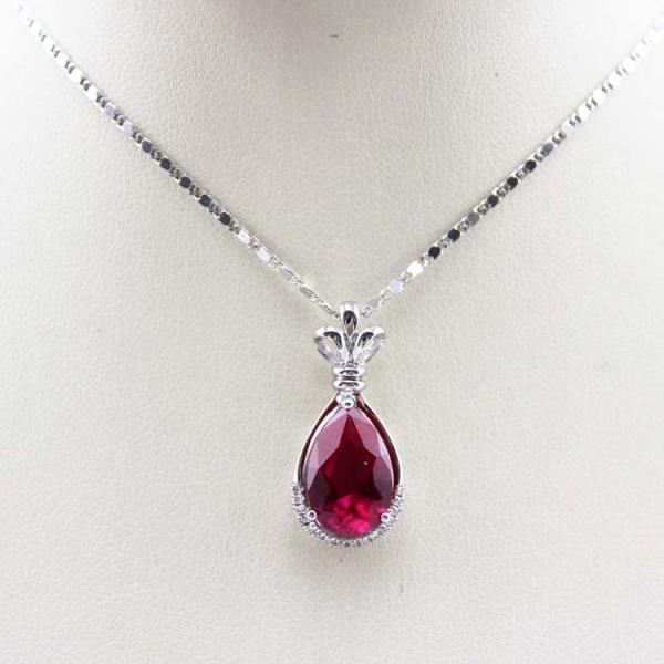Women Fashion 7mm x 9mm Pear Shaped Ruby Cubic Zirconia Silver Pendant Necklace(P26)