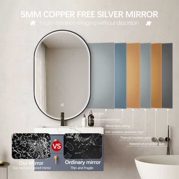 Waterproof Ip44 Arch Bathroom Mirror Custom Size LED Mirror With Black / Gold Frame