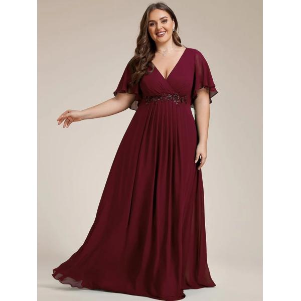 Empire Plus Size Applique Short Sleeve A-line V-neck Flutter Sleeves Invisible Zipper Navy Blue Chiffon Evening Dress