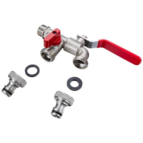 Double Head Water Hose Connector Dual Valve Brass Garden 2 Outlet Bibcock Water Tap