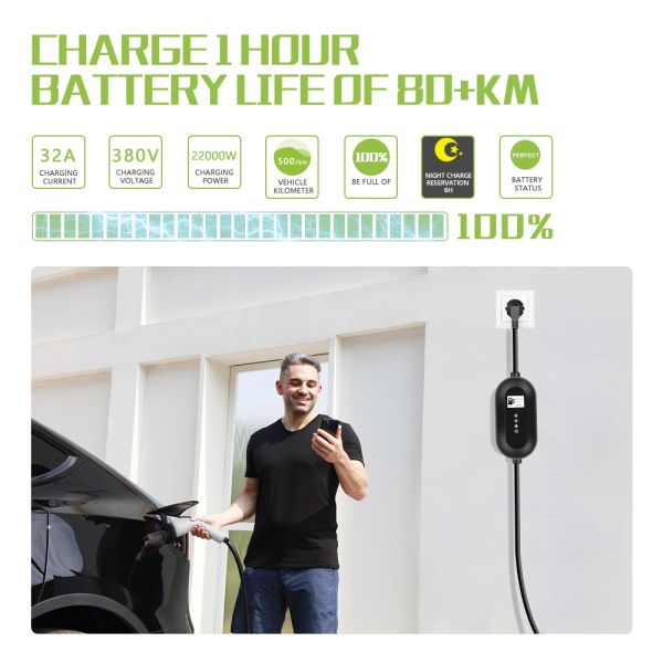 E-mingze Mode 2 Type 2 5m Cable 22KW/32A Ev Charger With APP WIFI